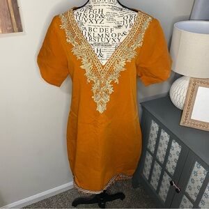 787 Vela Embroidered Mustard Yellow Mini Dress Gold Lace Pom Pom Hem Small